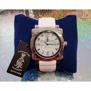 NEW Christian Audigier Watch Glow Arm Silver Tone Round Face White Silicone Band